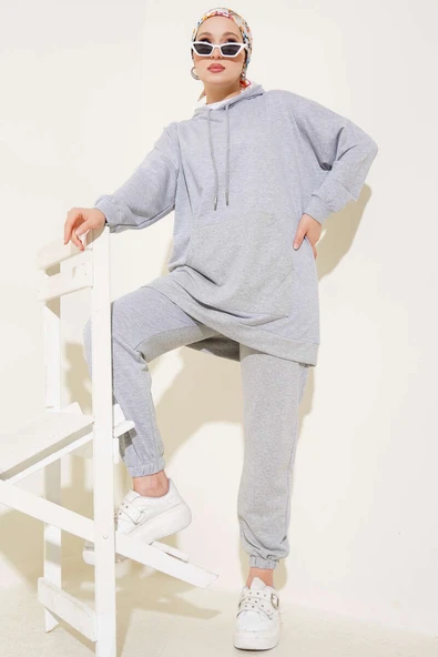 Paça Lastikli Kapüşonlu İkili Takım Melanj Gri ürün görseli 1