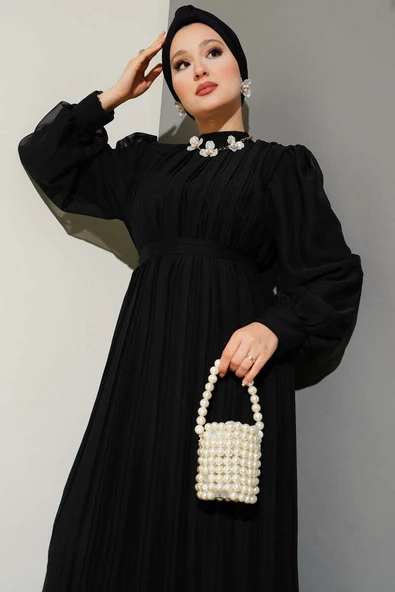 Janjan Piliseli Elbise Siyah - Resim 2