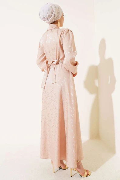 Kare Desen Düğmeli Jakar Elbise Bej - Resim 3