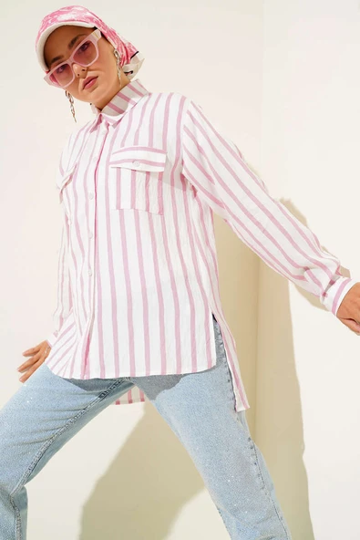 Çizgili Çift Cepli Gömlek Pembe ürün görseli 1