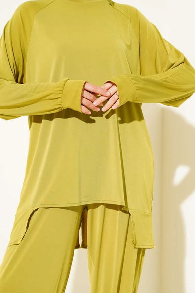 Asimetrik Kesim Sandy Tunik İkili Takım Yağ Yeşili - Resim 4