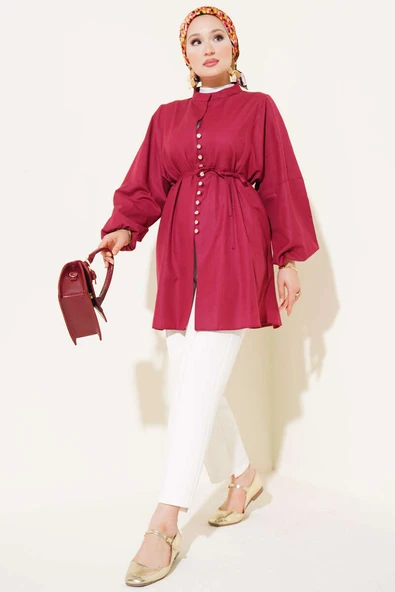 Taşlı Brit Düğmeli Terikoton Gömlek Bordo - Resim 2