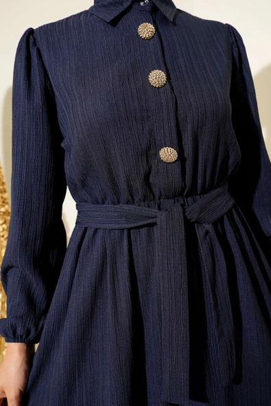 Bel Kuşaklı Krinkıl Elbise Lacivert - Resim 4