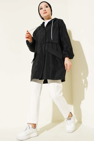 Çift Cepli Gizli Fermuarlı Kap Siyah - Resim 2