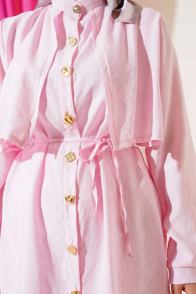Gold Düğmeli Bolerolu Tencel İkili Takım Pembe - Resim 4