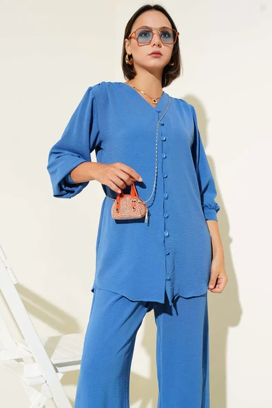 V Yaka Brit Düğmeli Ayrobin İkili Takım Indıgo - Resim 2