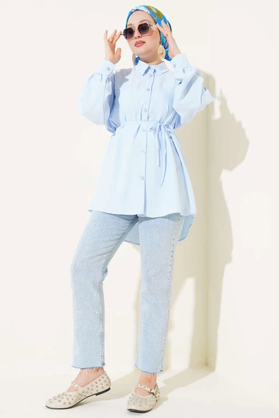 Roba Dikişli İp Kuşaklı Gömlek Buz Mavisi - Resim 2