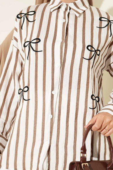 Kurdele Nakışlı Çizgili Gömlek Kahve - Resim 4