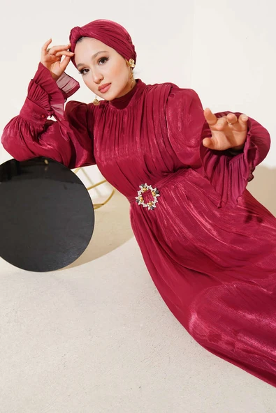 Bilekten Fırfırlı Şal Hediyeli Elbise Burgonya ürün görseli 1