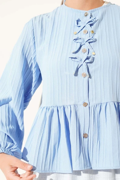 Kurdeleli Fırfır Detaylı Gömlek Mavi - Resim 4