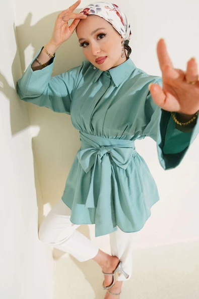 Kendinden Kuşaklı Önü Büzgülü Tunik Mint ürün görseli 1