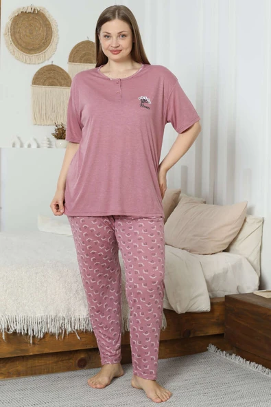 Flowery Nakışlı Kısa Kol Büyük Beden Pijama Takım Gül Kurusu ürün görseli 1