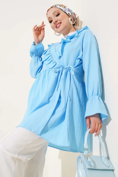 Yaka Fırfırlı Yan İp Bağlamalı Kimono Buz Mavisi ürün görseli 1