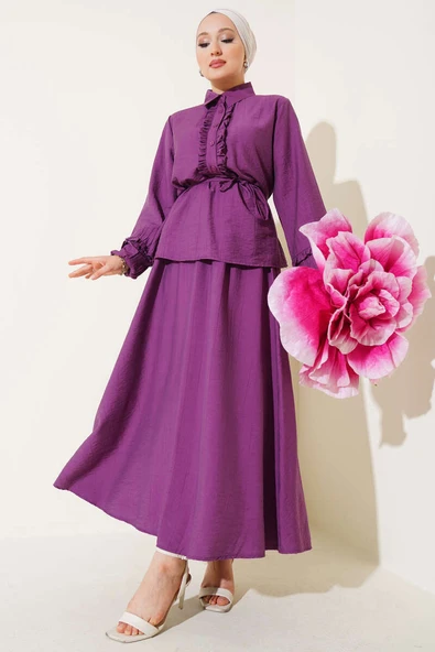 Yaka Fırfır Detaylı Etekli İkili Takım Mor ürün görseli 1