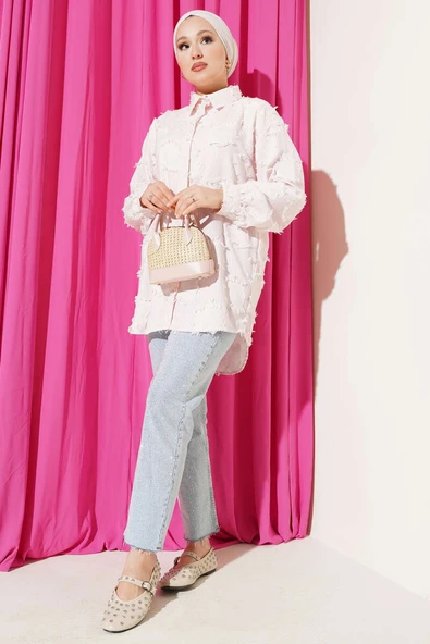 Çizgili Püsküllü Gömlek Pembe - Resim 2