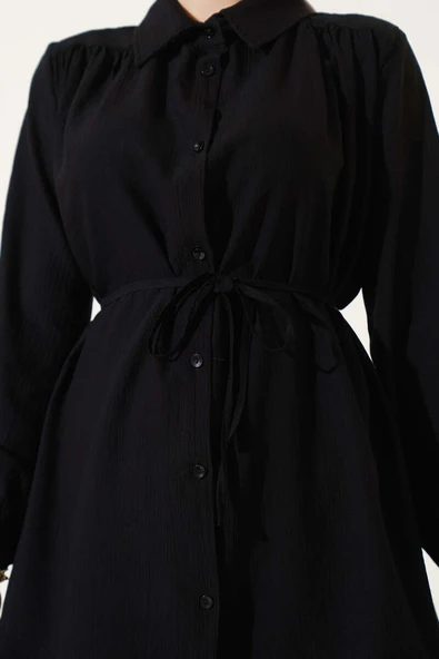 Gömlek Yaka Bel İp Kuşaklı İkili Takım Siyah - Resim 4