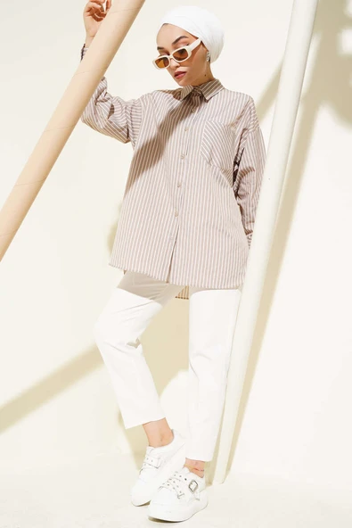 Salaş İnce Çizgili Gömlek Latte - Resim 2