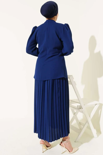 Yan Büzgülü Pileli Etekli İkili Takım Lacivert - 3