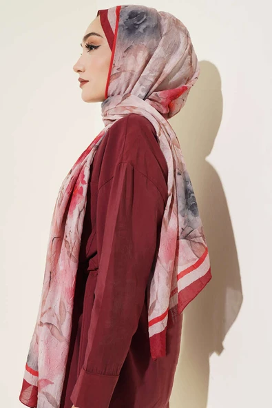 Flower Desen Bambu Kraş Şal Bordo - Resim 3