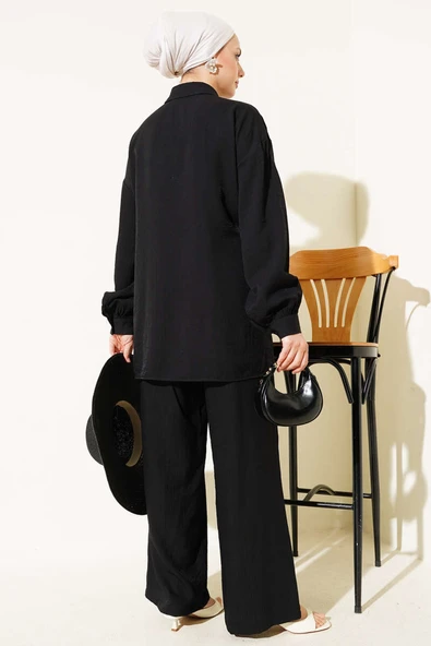 Çapraz Düğmeli Bağlamalı Tunik İkili Takım Siyah - Resim 3