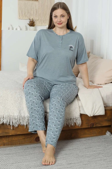 Flowery Nakışlı Kısa Kol Büyük Beden Pijama Takım Çağla Yeşili - Resim 2