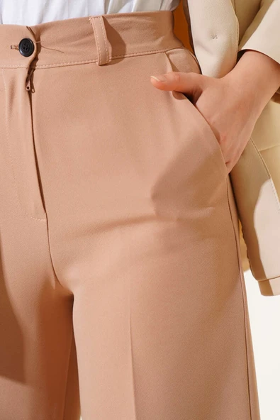 Bel Lastikli Palazzo Kumaş Pantolon Latte - Resim 4