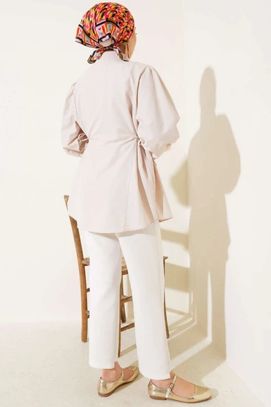 Yanları İp Bağcıklı Basic Gömlek Bej - Resim 3