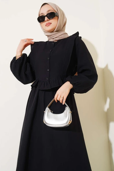 Fırfırlı Düğmeli Etekli Müslin İkili Takım Siyah - Resim 2