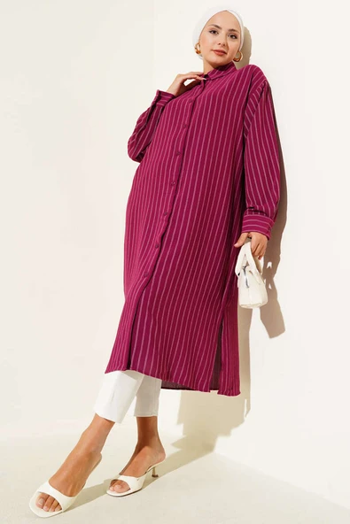 Yanı Yırtmaçlı Çizgili Uzun Gömlek Mürdüm ürün görseli 1