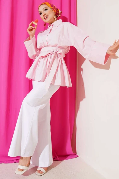 Kuşak Büzgülü Yarım Düğmeli Tunik Pembe - Resim 2