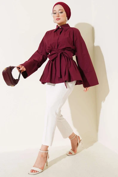 Kuşak Büzgülü Yarım Düğmeli Tunik Bordo - Resim 2