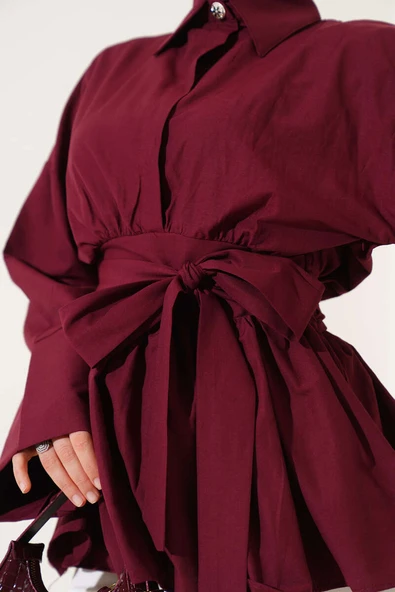 Kuşak Büzgülü Yarım Düğmeli Tunik Bordo - Resim 4
