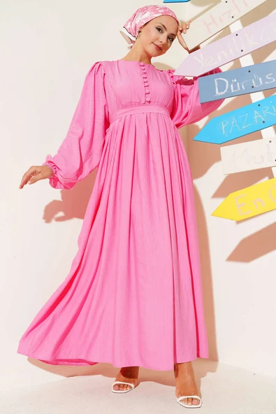 Brit Düğmeli Kuşaklı Elbise Pembe ürün görseli 1