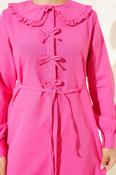 Yaka Fırfırlı Fiyonklu Tunik Fusya - Resim 4