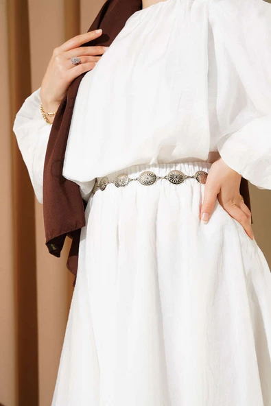 Gümüş Kemerli Etekli İkili Takım Ekru - Resim 4