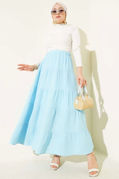 Bel Lastikli Kat Kloş Etek Buz Mavisi - Resim 2