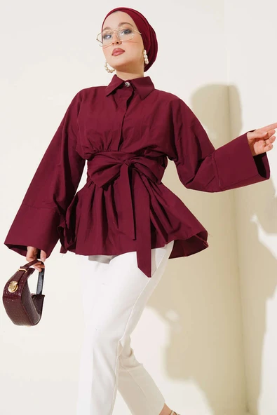 Kuşak Büzgülü Yarım Düğmeli Tunik Bordo ürün görseli 1