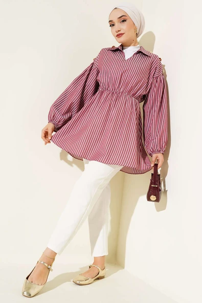 Çizgili Balon Kol Bel Lastikli Tunik Bordo - Resim 2