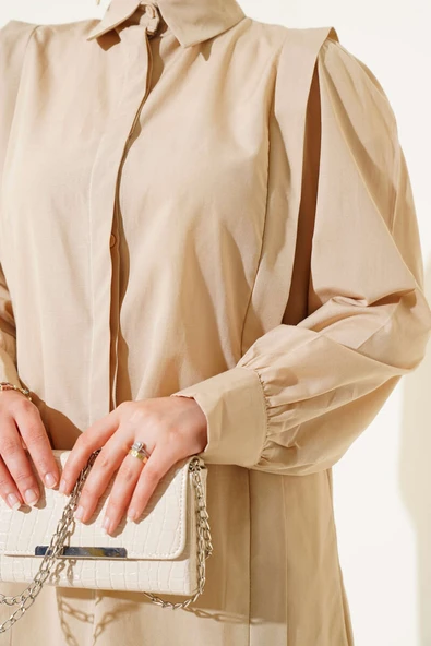 Omuz Pile Detaylı Gömlek Bej - Resim 4
