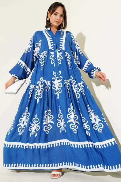 Desenli Yarı Patlı Önü Düğmeli Elbise Indıgo ürün görseli 1