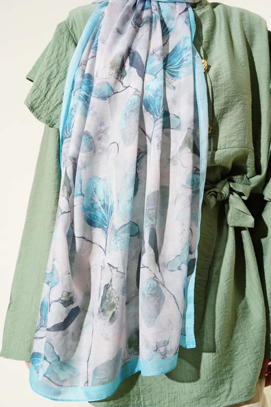 Karışık Yaprak Desenli Şal Turkuaz - Resim 4