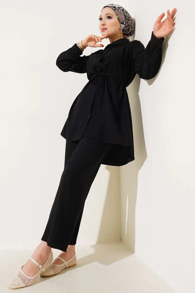 Gömlek Yaka Bel İp Kuşaklı İkili Takım Siyah - Resim 2