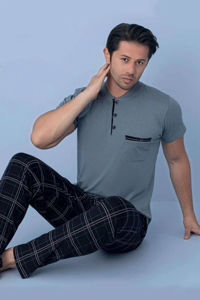 Göğüs Cep Detaylı Kısa Kol Erkek Pijama Koyu Gri ürün görseli 1