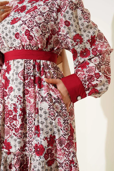 Mini Çiçek Desenli Elbise Bordo - Resim 4