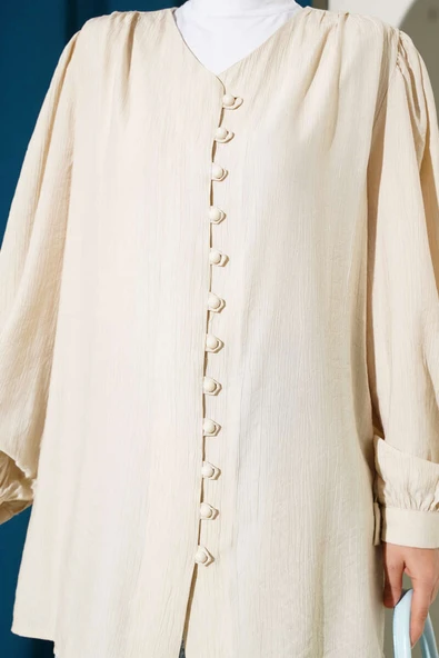 Brit Düğmeli V Yaka Gömlek Bej - Resim 4