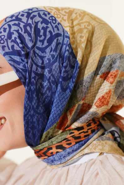 Çiçekli Karışık Desenli Eşarp Saks - Resim 4