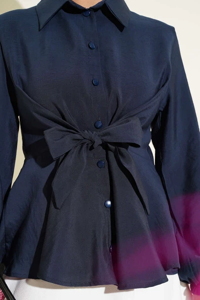 Ön Bağlamalı Kol Lastikli Tunik Lacivert - Resim 4