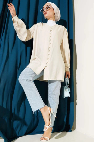 Brit Düğmeli V Yaka Gömlek Bej - Resim 2