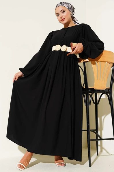 Brit Düğmeli Kuşaklı Elbise Siyah ürün görseli 1