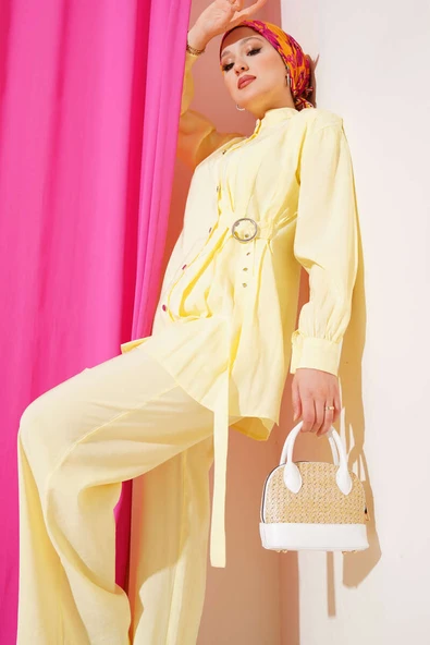 Yan Kemerli Düğmeli İkili Takım Sarı ürün görseli 1